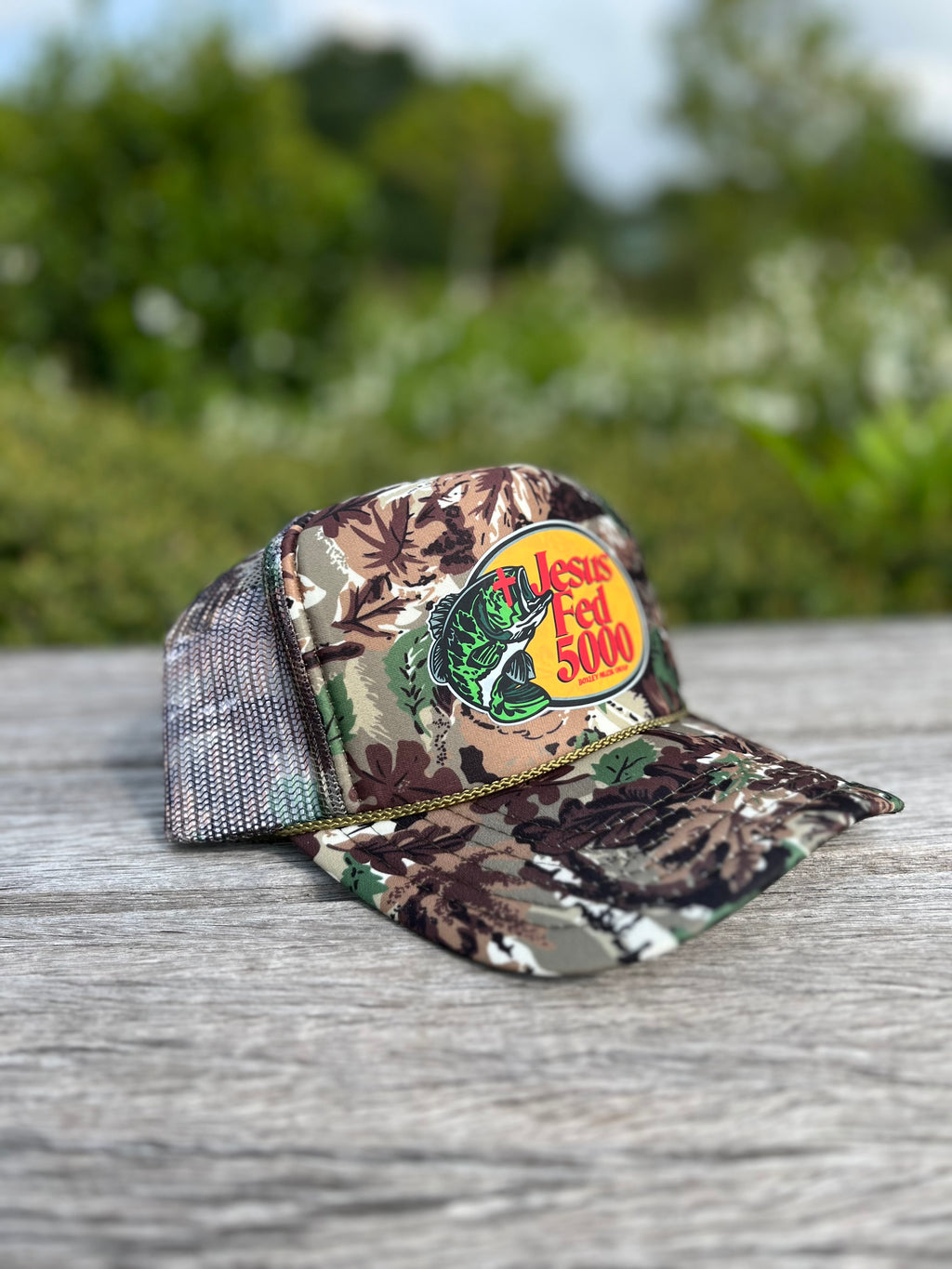 JESUS FED 5000 CAMO TRUCKER HAT