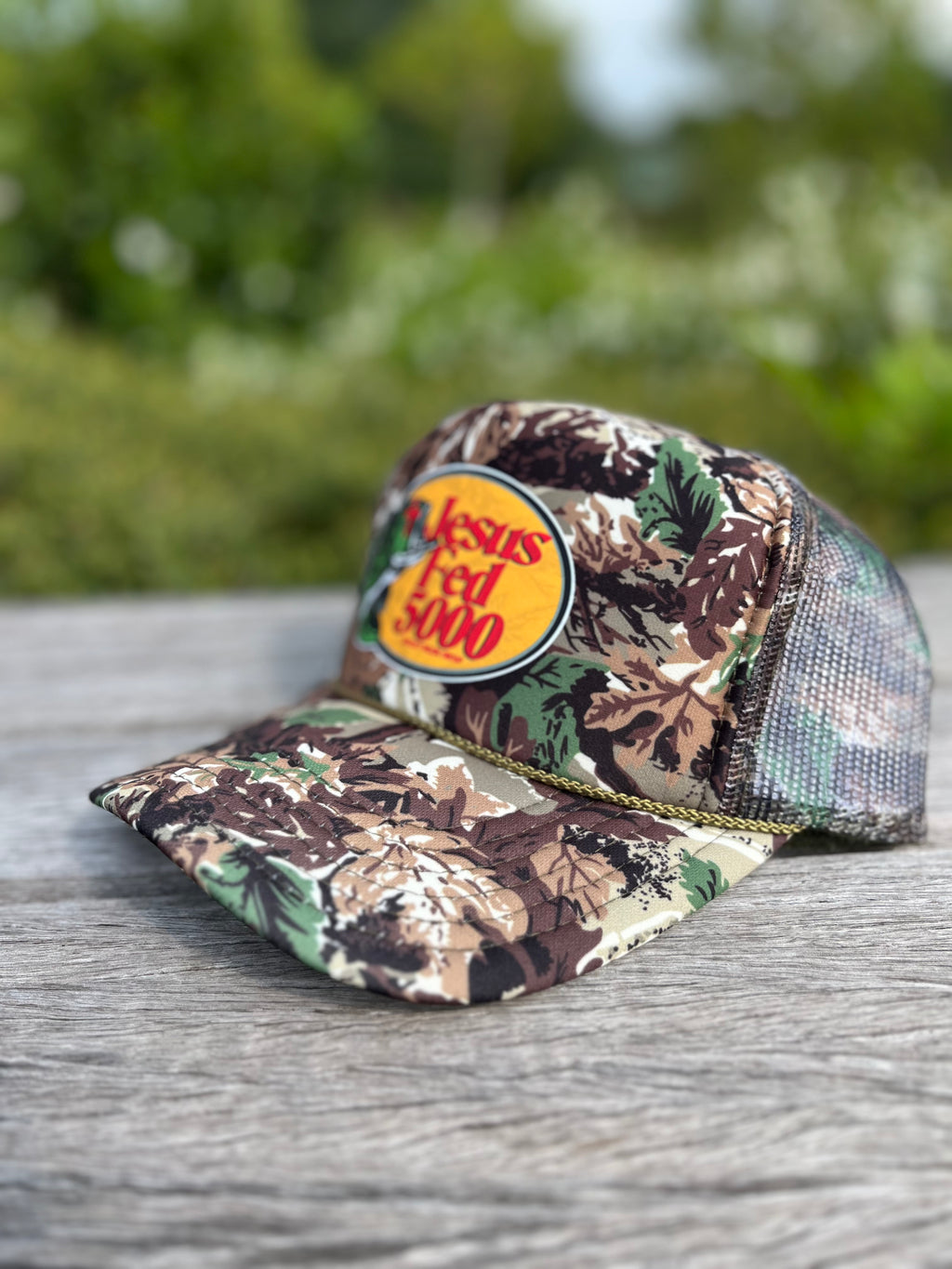 JESUS FED 5000 CAMO TRUCKER HAT